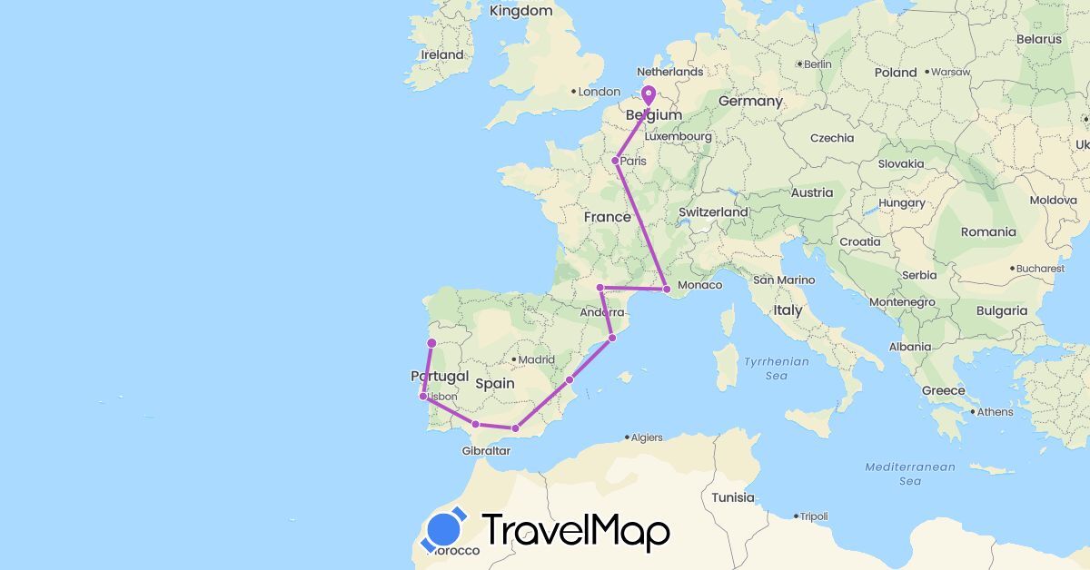 TravelMap itinerary: driving, train in Belgium, Spain, France, Portugal (Europe)