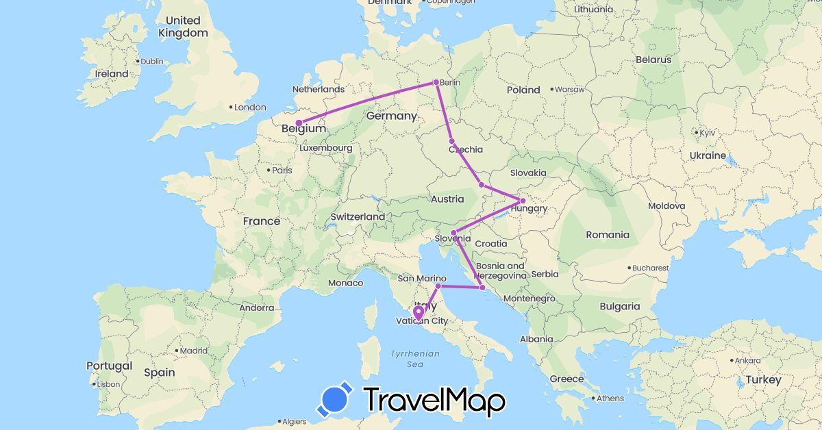 TravelMap itinerary: driving, train in Austria, Belgium, Czech Republic, Germany, Croatia, Hungary, Italy, Slovenia (Europe)